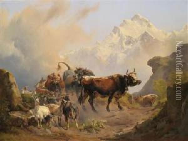 Bringing The Livestock Down From The High Alpine Summer Pastures Oil Painting - Johann Nepomuk Rauch De Milan