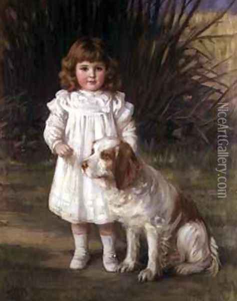 Portrait of a girl in a white dress with a dog Oil Painting - Helen Howard Hatton