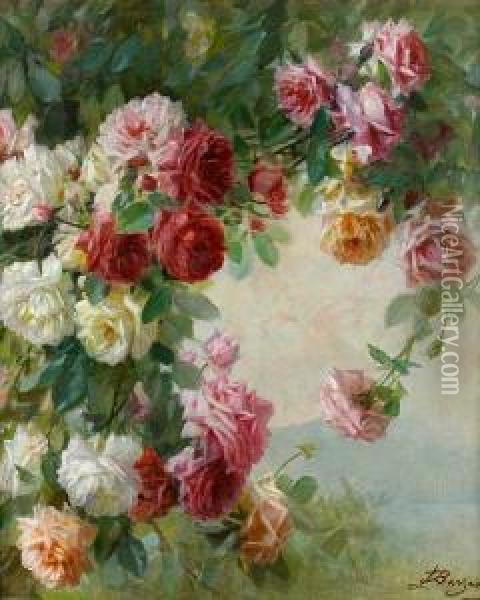 Roses At A Lake Oil Painting - Licinio Barzanti