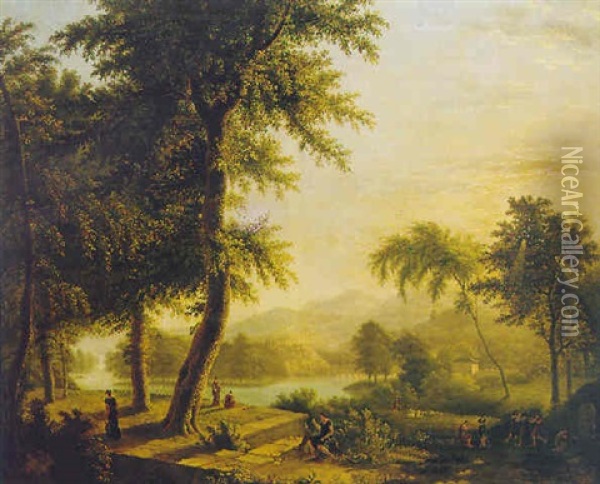 Italianate Landscape With Classical Figures By A Lake And A Villa Beyond Oil Painting - Jean Victor Bertin