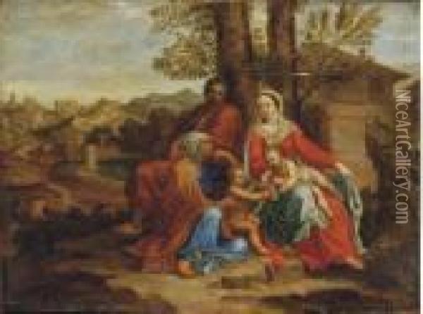 The Holy Family With Saint Elizabeth Oil Painting - Pierre Le Romain I Mignard