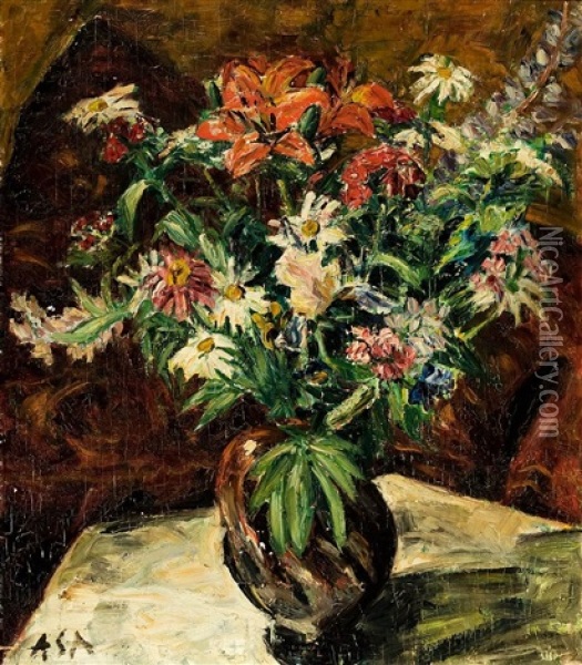 Sommerblumenstraus Mit Lilien (+ Landschaft Mit Kuhen, Verso) Oil Painting - Albert Schiestl-Arding