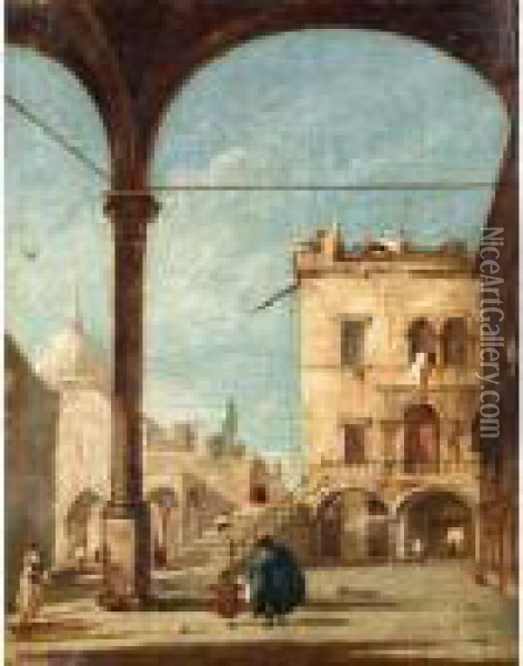 A Venetian Capriccio With Figures Standing Under A Loggia And A Chapel Beyond Oil Painting - Francesco Guardi