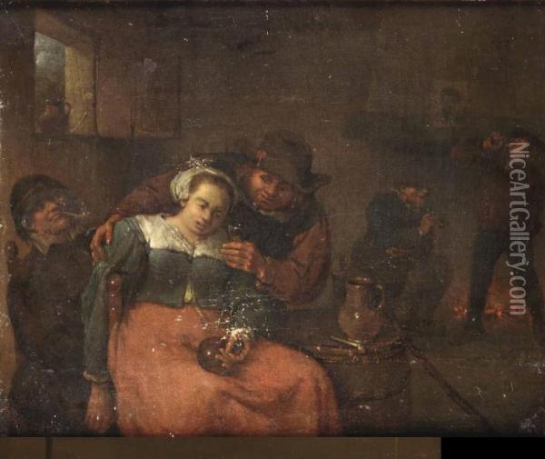 Boorse Smoking And Drinking In A Tavern Oil Painting - Adriaen Jansz. Van Ostade