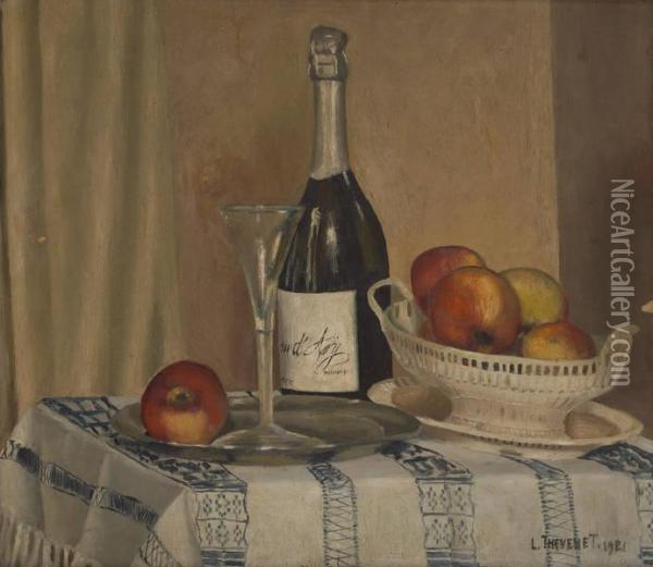 Composition A La Bouteille Dechampagne Oil Painting - Louis Thevenet