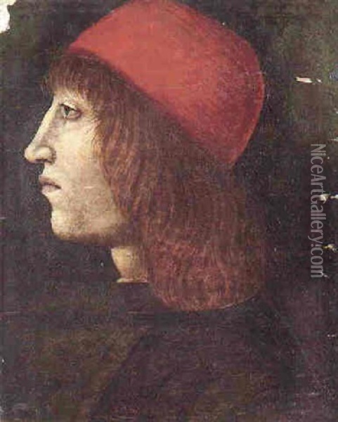 Portrait Of A Young Man In Profile Wearing A Red Hat Oil Painting - Ambrogio de Predis