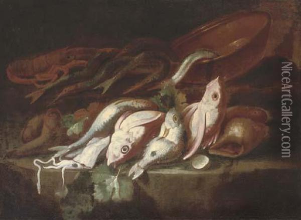 A Still Life Of Dead Fish With An Earthenware Pot On A Stone Ledge Oil Painting - Elena Recco