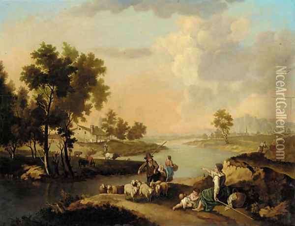 Shepherds with their flock by a river, a farmstead beyond Oil Painting - Dutch School