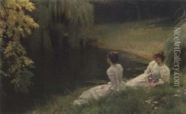 Elegant Ladies At Rest Beside A Pond Oil Painting - Louis Emile Adan