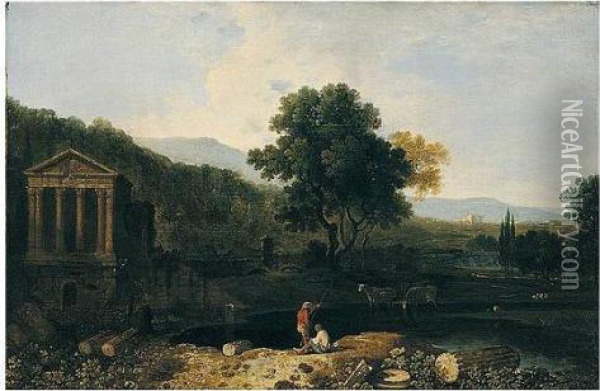 An Italian River Scene, With The
 Temple Of Clitumnus And Ruins, Two Figures And Cows In Foreground Oil Painting - Richard Wilson