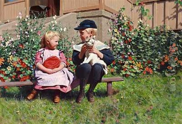 To Smaborn Med En Kat Foran Et Hus Oil Painting - Johan Fredrik Krouthen