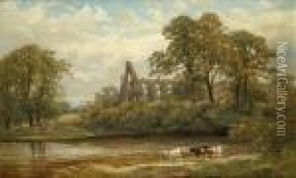 Riverlandscape With Cattle And Ruined Abbey Oil Painting - James Stephen Gresley