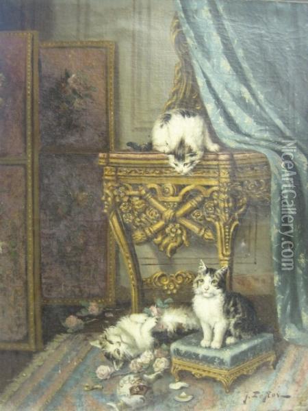 Naughty Kitties Oil Painting - Jules Le Roy
