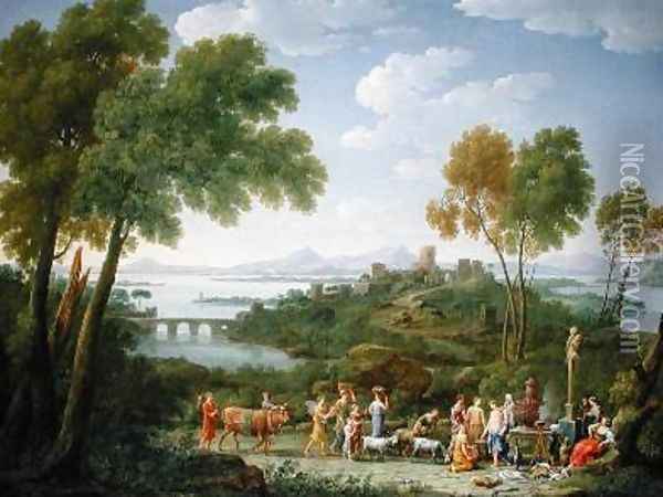 An Extensive Italianate Landscape with a Sacrifice 1728 Oil Painting - Hendrik Frans Van Lint