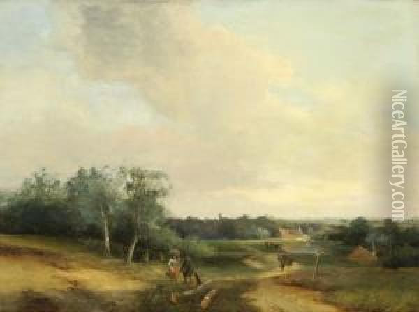Walkers On A Country Road Oil Painting - Johannes Franciscus Hoppenbrouwers