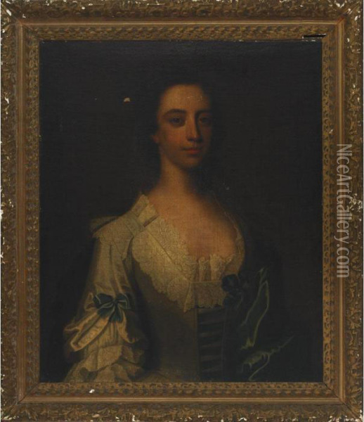 Young Dark Haired Woman In Lace And Ribbon-tied Gown With Silk Shawl Oil Painting - Thomas Hudson