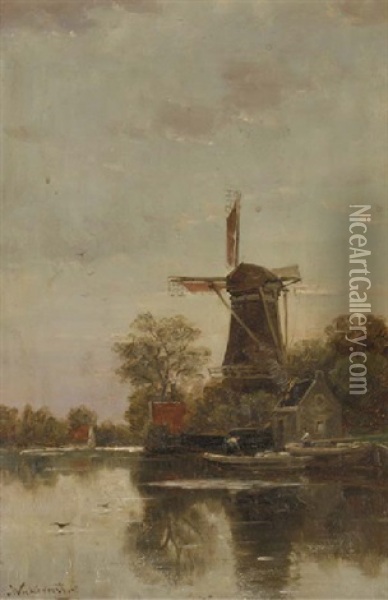A Windmill By The Riverside Oil Painting - Cornelis Julius van Wickevoort Crommelin