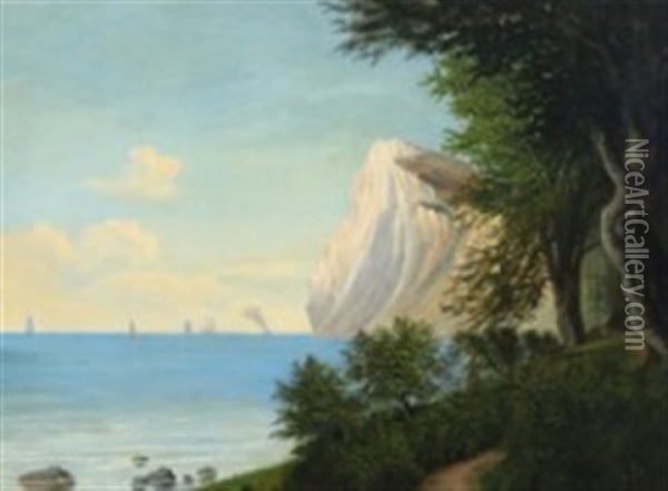 Danish Coastal Scene From Moens Klint With Ships On The Sea Oil Painting - Georg Emil Libert