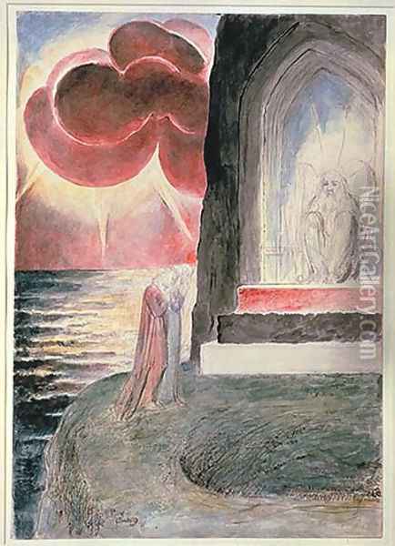 Purgatory, Canto 9, Dante and Virgil before the Angelic Guardian of the Gate of Purgatory Oil Painting - William Blake