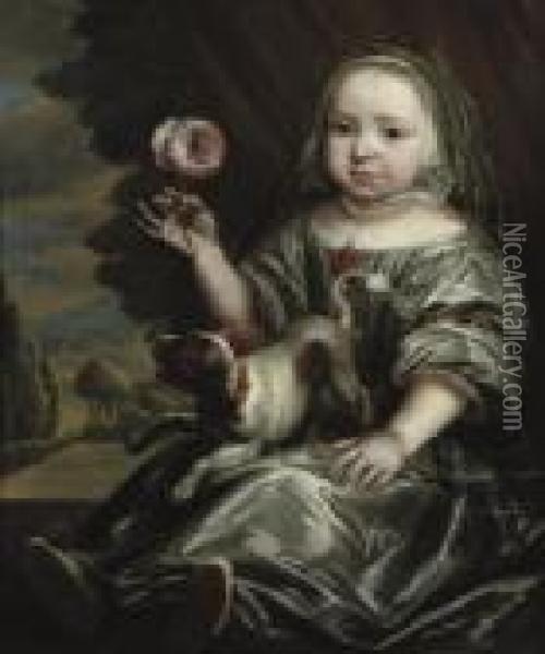 Portrait Of A Girl, Full-length,
 In A Silver Costume, Seated With A Dog In Her Lap And Holding A Rose, A
 Landscape Beyond Oil Painting - Jan or Joan van Noordt