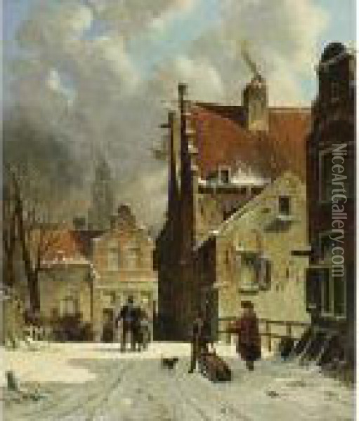 Figures In A Wintry Town Oil Painting - Adrianus Eversen
