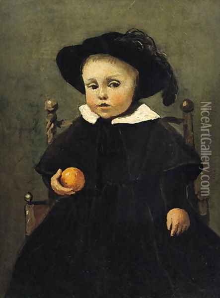 The Painter Adolphe Desbrochers (1841-1902) as a Child, Holding an Orange, 1845 Oil Painting - Jean-Baptiste-Camille Corot