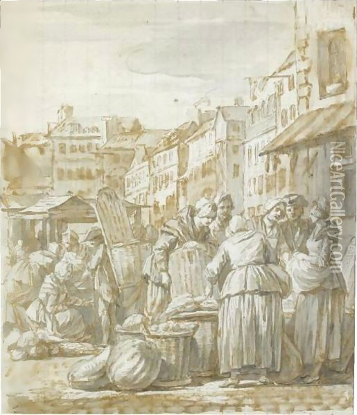 Women Gathered At A Street Market Oil Painting - Nicolas-Bernard Lepicier