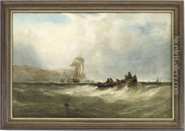 Fishermen Hauling In Their Nets, With Merchant Shipping Coming Outof A Port Beyond Oil Painting - Edwin Hayes