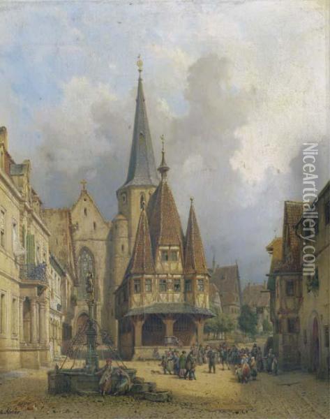 Rathaus In Michelstadt: A Dancing Bear On The Townsquare Oil Painting - Michael Neher