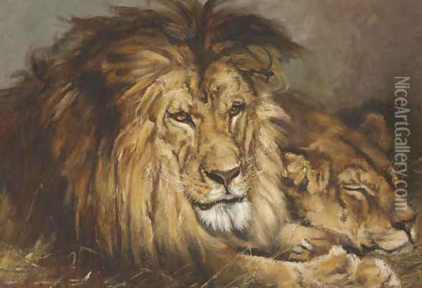Sketch for 'Lion and Lioness Resting' Oil Painting - Geza Vastagh