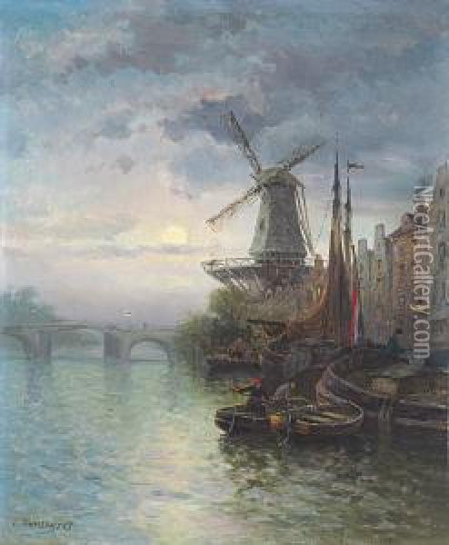 View On A Harbor In The Moonlight Oil Painting - Louis Timmermans
