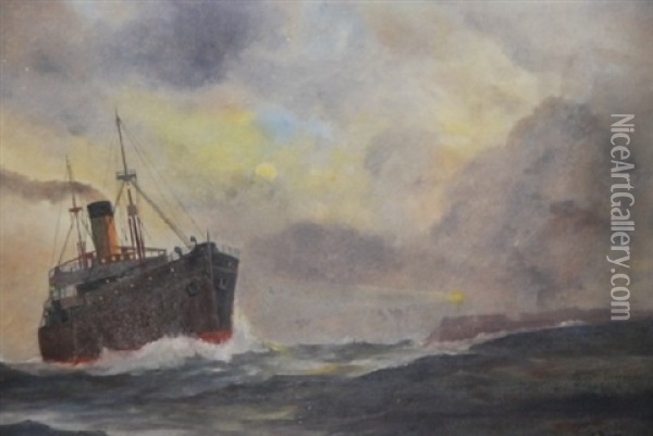 Ship Passing Headland With Lighthouse Oil Painting - James Ashton