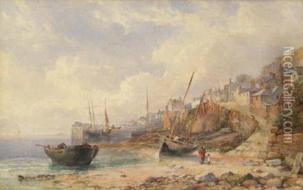 Newlyn Slip And Harbour Oil Painting - James George Philp