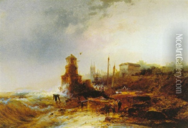 Lighthouse With Fishermen Bringing In Their Boats Oil Painting - Andreas Achenbach