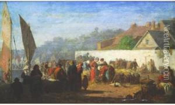 Le Marche A Honfleur, Circa 1865 Oil Painting - Louis Alexandre Dubourg