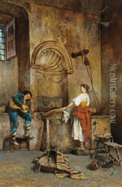 Ein Standchen Am Brunnen Oil Painting - Achille Guerra