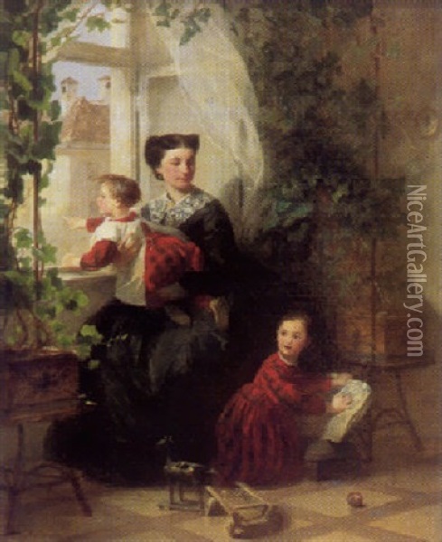 Junge Mutter Mit Zwei Kindern Am Fenster (frau Des Kunstlers Mit Ihren Kindern?) Oil Painting - Adolf Oberlander