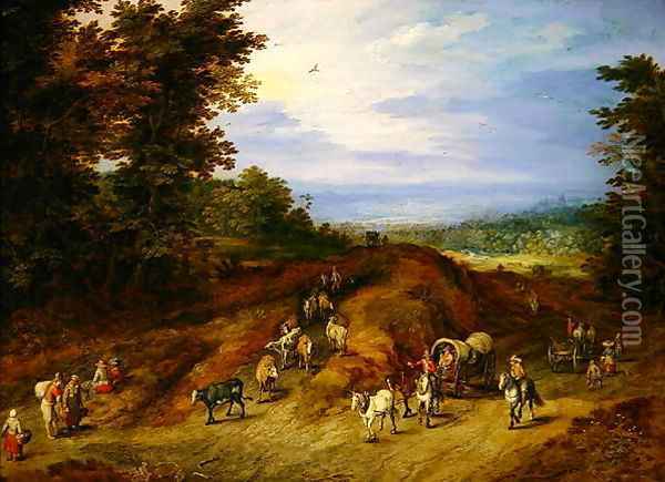 Landscape with peasants carts and animals Oil Painting - Jan The Elder Brueghel