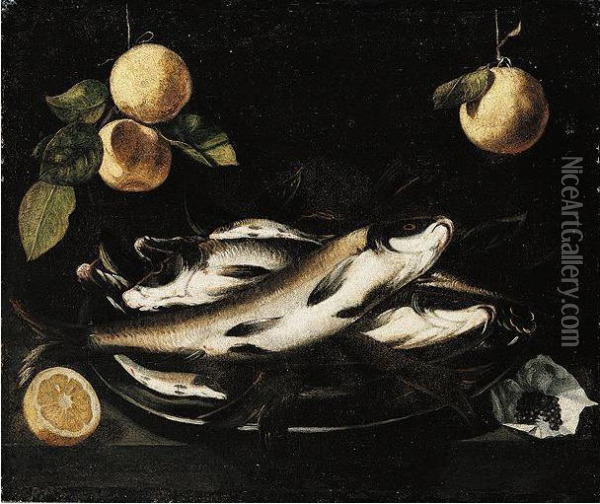 Still Life Of Fish On A Pewter Plate, Together With Peppercorns And A Sliced Lemon, All Arranged Upon A Stone Ledge, With Oranges Hanging Above Oil Painting - Alejandro De Loarte