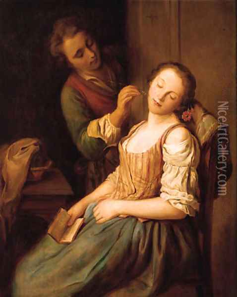 A young man teasing a sleeping woman Oil Painting - Ottilie Hornig Von Geyer