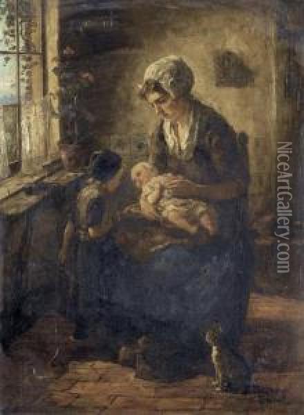 Mutter Mit Saugling Und Kind In Interieur. Oil Painting - Cornelis Koppenol