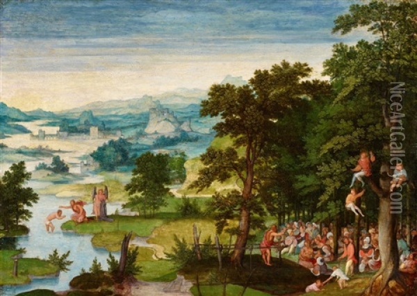 River Landscape With The Baptism Of Christ And Saint John Preaching Oil Painting - Cornelis Massys