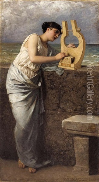 Girl With A Lyre Oil Painting - Wilhelm Volz