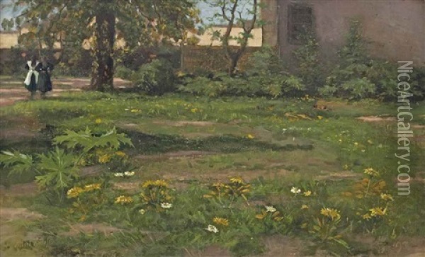 Girls In A Spring Garden Oil Painting - Otto Willem Albertus Roelofs