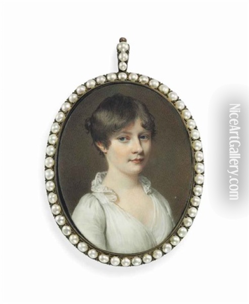A Young Lady, In White Dress With Lace Collar, Short Brown Hair Oil Painting - Thomas Richmond