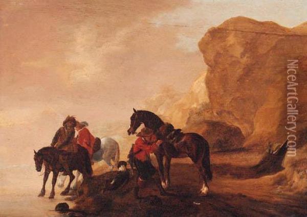 Horsemen Crossing A River In A Rocky Landscape Oil Painting - Pieter Wouwermans or Wouwerman