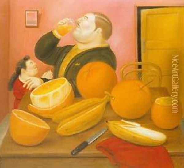 Ma Drinking Orange Juice 1987 Oil Painting - Fernando Botero