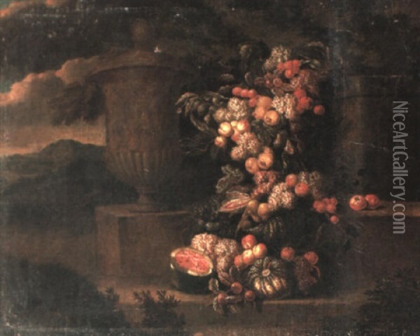 Landscape With A Garland Of Flowers And Fruit Beside An Urn Oil Painting - Jan Pauwel Gillemans the Younger