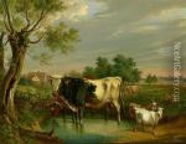 Weidelandschaft Mit Kuhen An Der Tranke Und Ziegen Oil Painting - Cornelis Kimmel