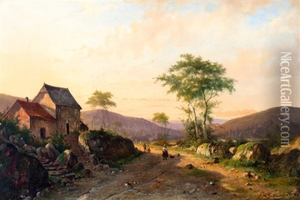 Namiddagzon In Heuvellandschap Oil Painting - Alexander Hieronymus Bakhuyzen